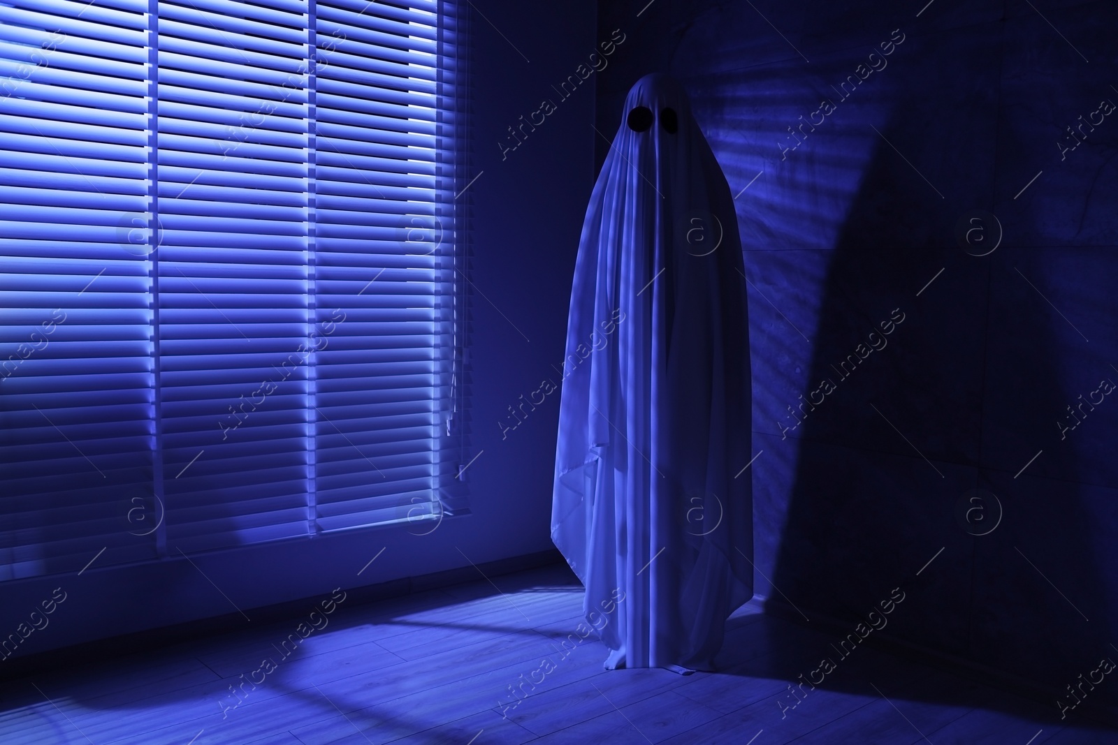 Photo of Creepy ghost. Woman covered with sheet near window in blue light