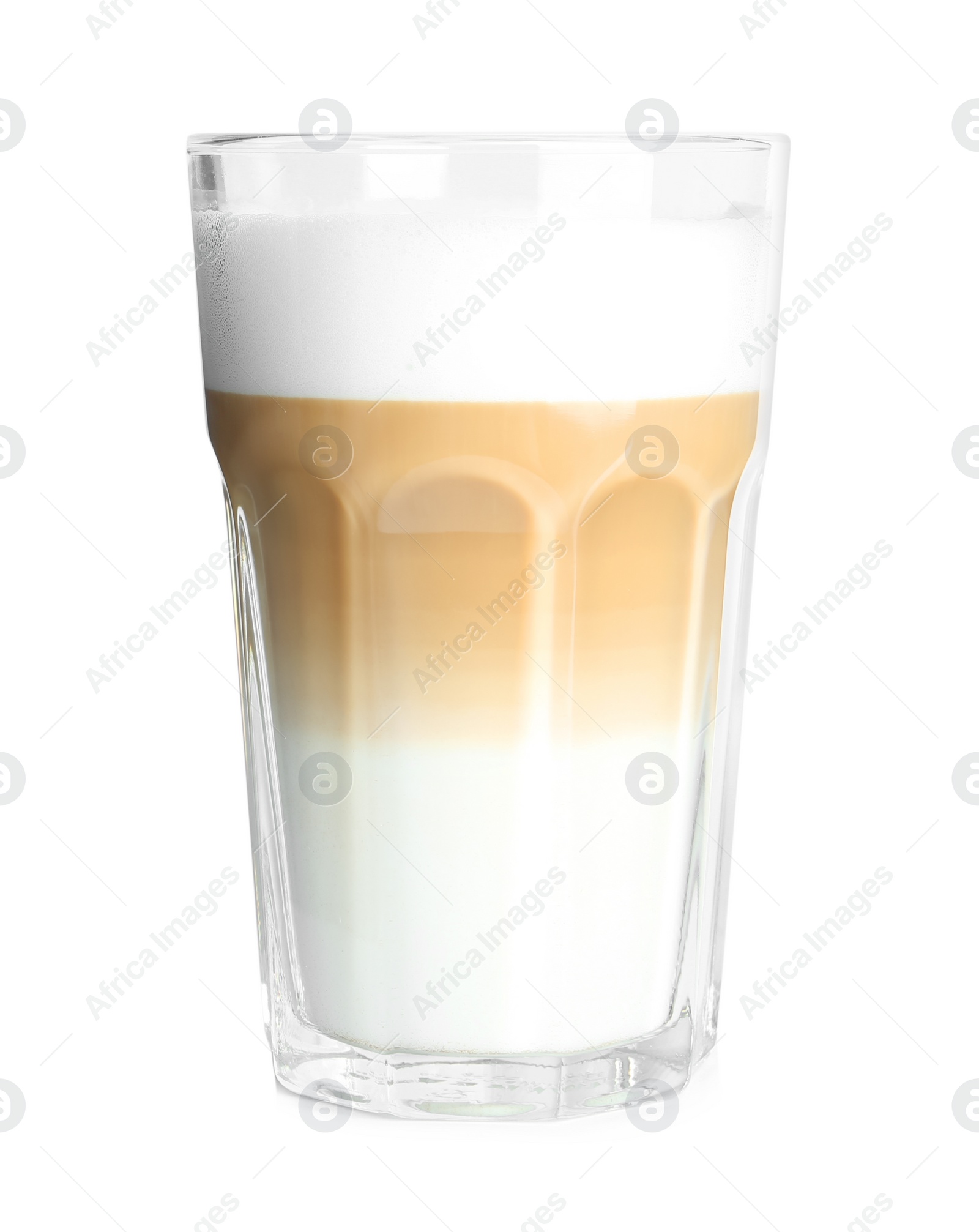 Photo of Glass of delicious latte macchiato isolated on white