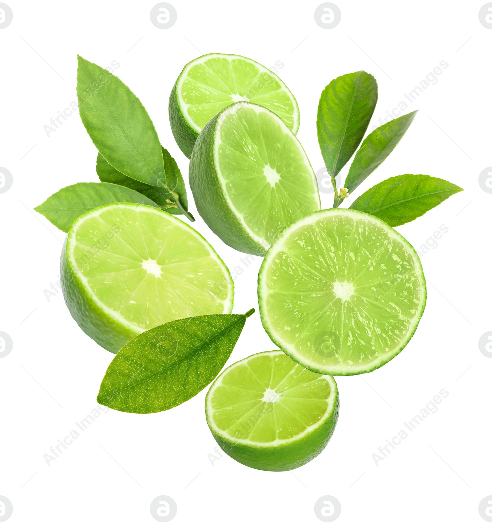 Image of Fresh lime fruits and green leaves falling on white background