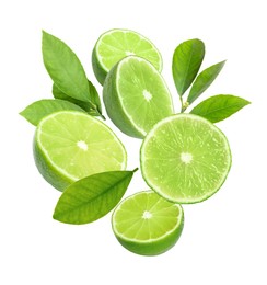 Image of Fresh lime fruits and green leaves falling on white background