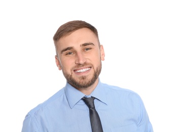 Photo of Portrait of young businessman laughing on white background