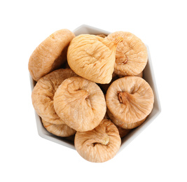 Photo of Tasty dried figs in bowl isolated on white, top view