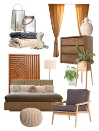 Image of Stylish bedroom interior with different decorative elements and furniture on white background. Mood board collage