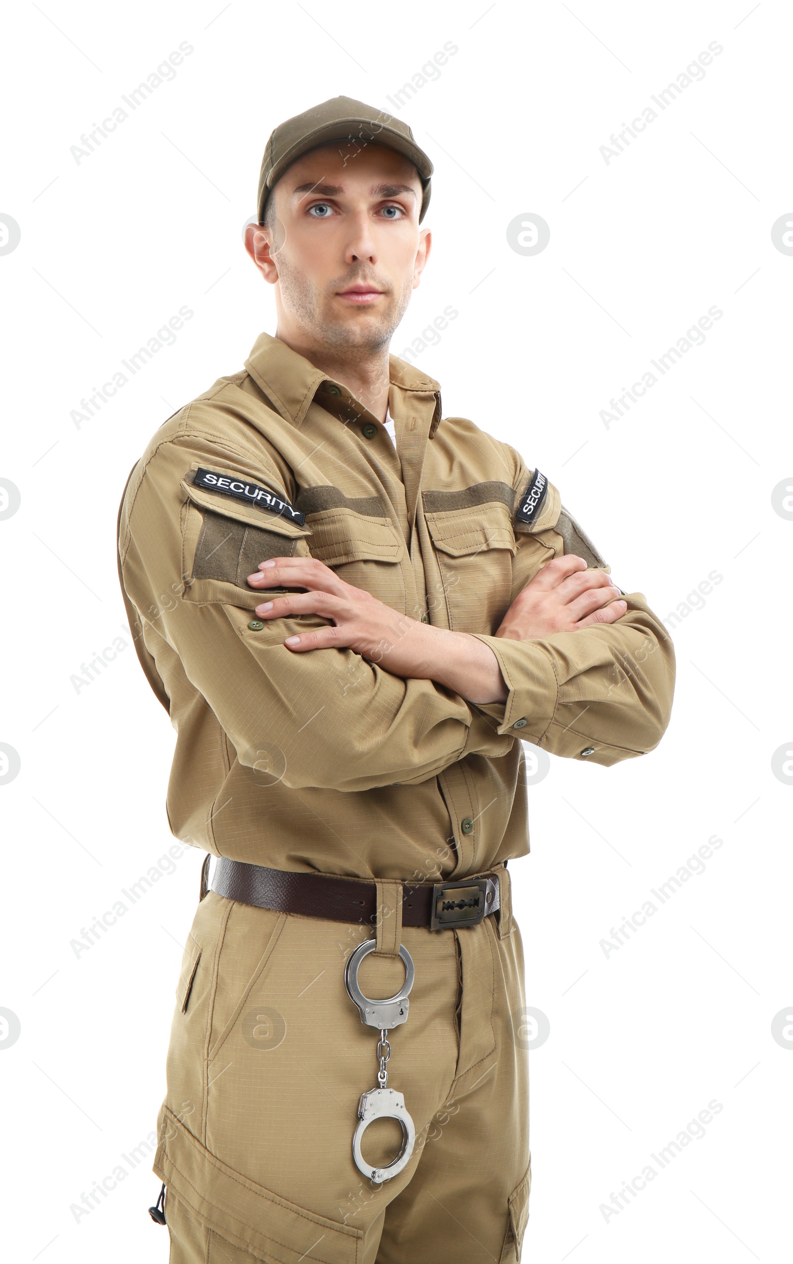 Photo of Male security guard in uniform on white background