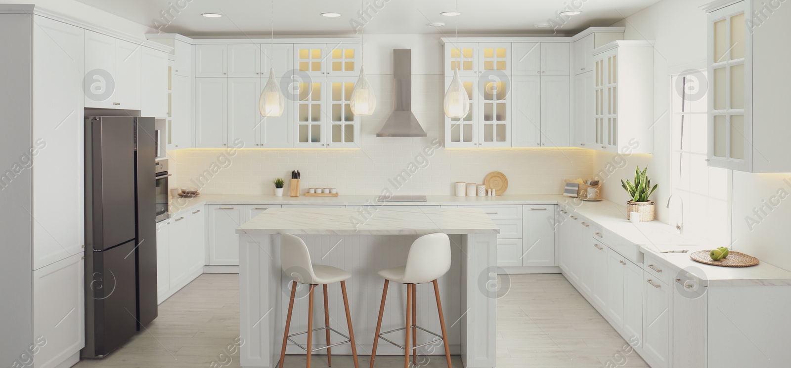 Image of Beautiful kitchen interior with new stylish furniture. Banner design