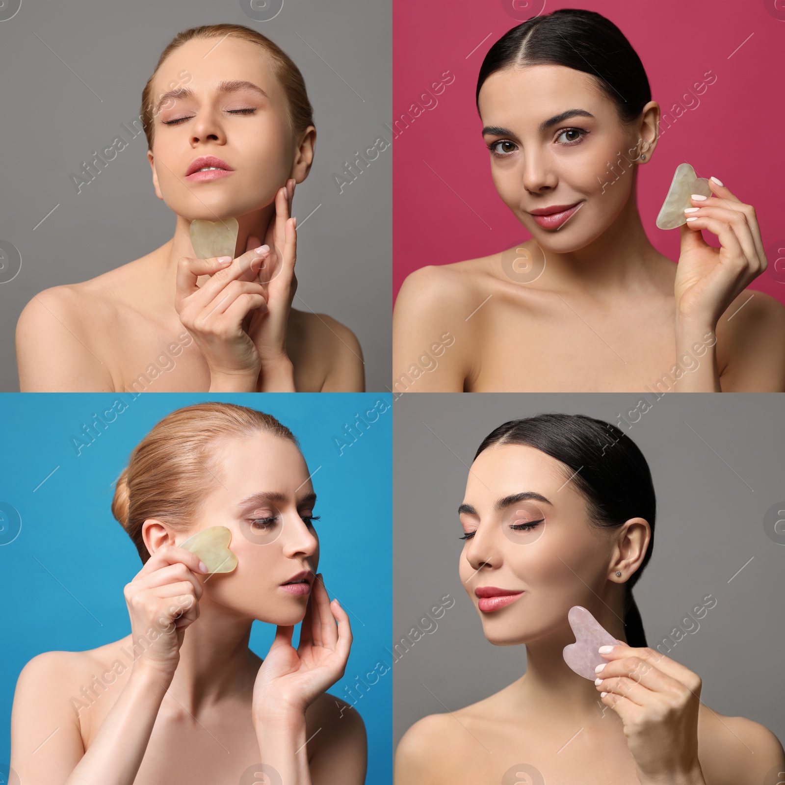 Image of Collage with portraits of beautiful women with gua sha facial tools on color backgrounds