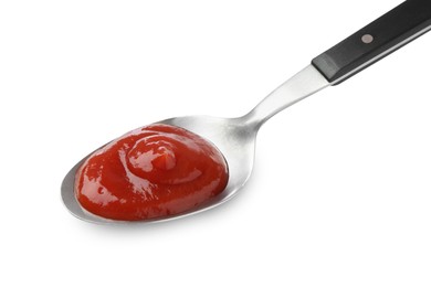 Photo of Tasty ketchup with spoon isolated on white. Tomato sauce