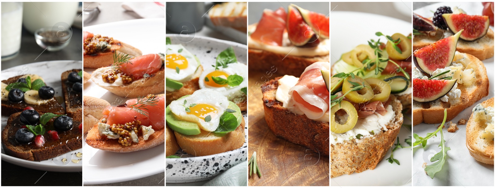 Image of Collage of different tasty bruschettas. Banner design 