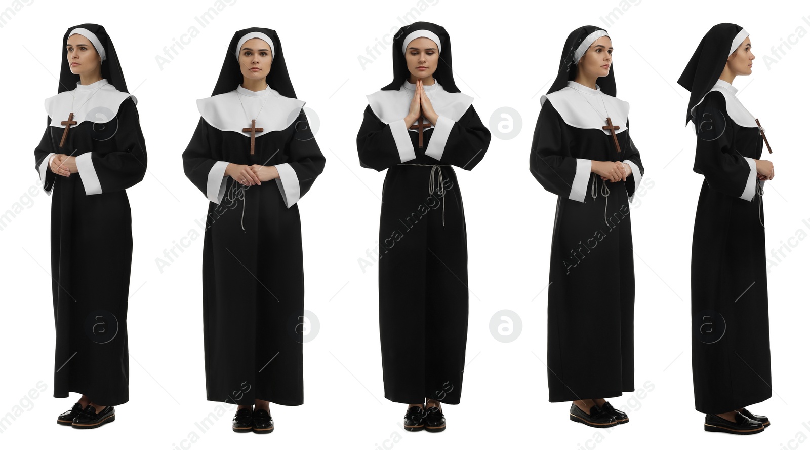 Image of Collage with photos of young nun on white background
