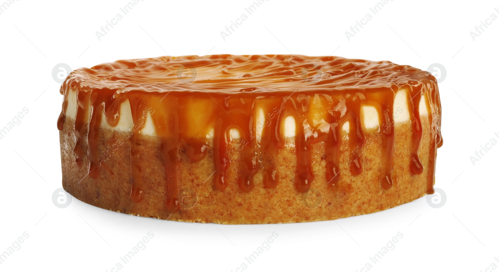 Photo of Delicious cheesecake with caramel isolated on white