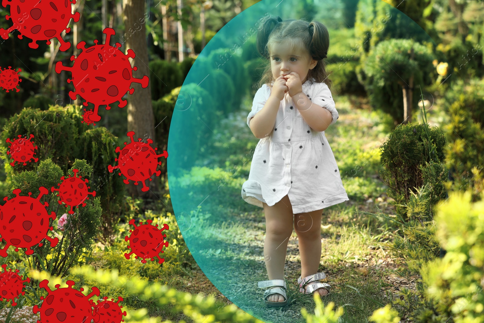 Illustration of Cute little girl with strong immunity walking outdoors. Bubble around her symbolizing shield against viruses, illustration