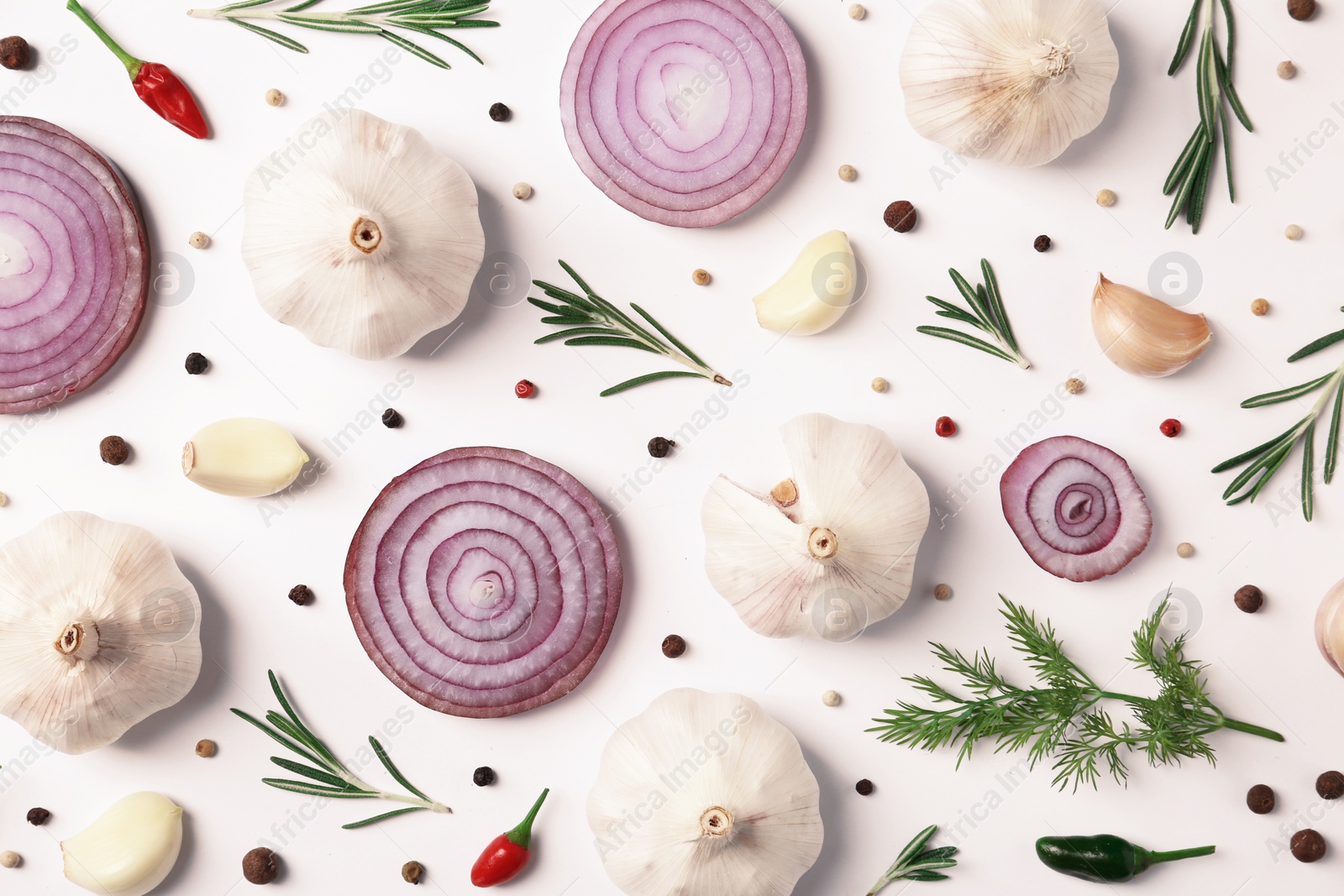 Photo of Composition with garlic, peppers and onion on white background, top view