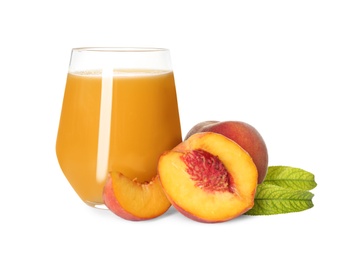 Photo of Natural freshly made peach juice on white background