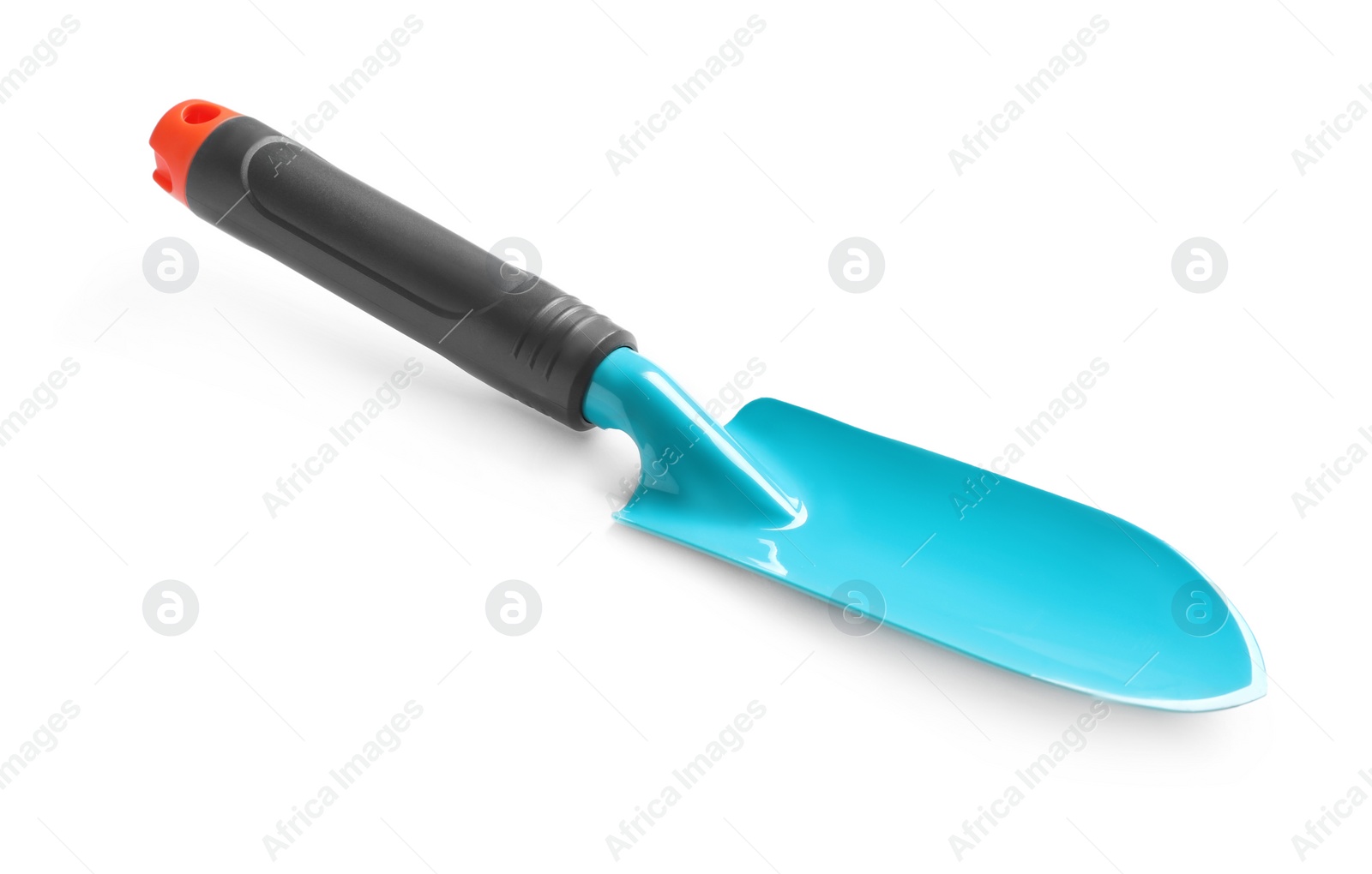 Photo of New trowel on white background. Professional gardening tool