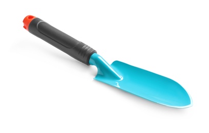 Photo of New trowel on white background. Professional gardening tool