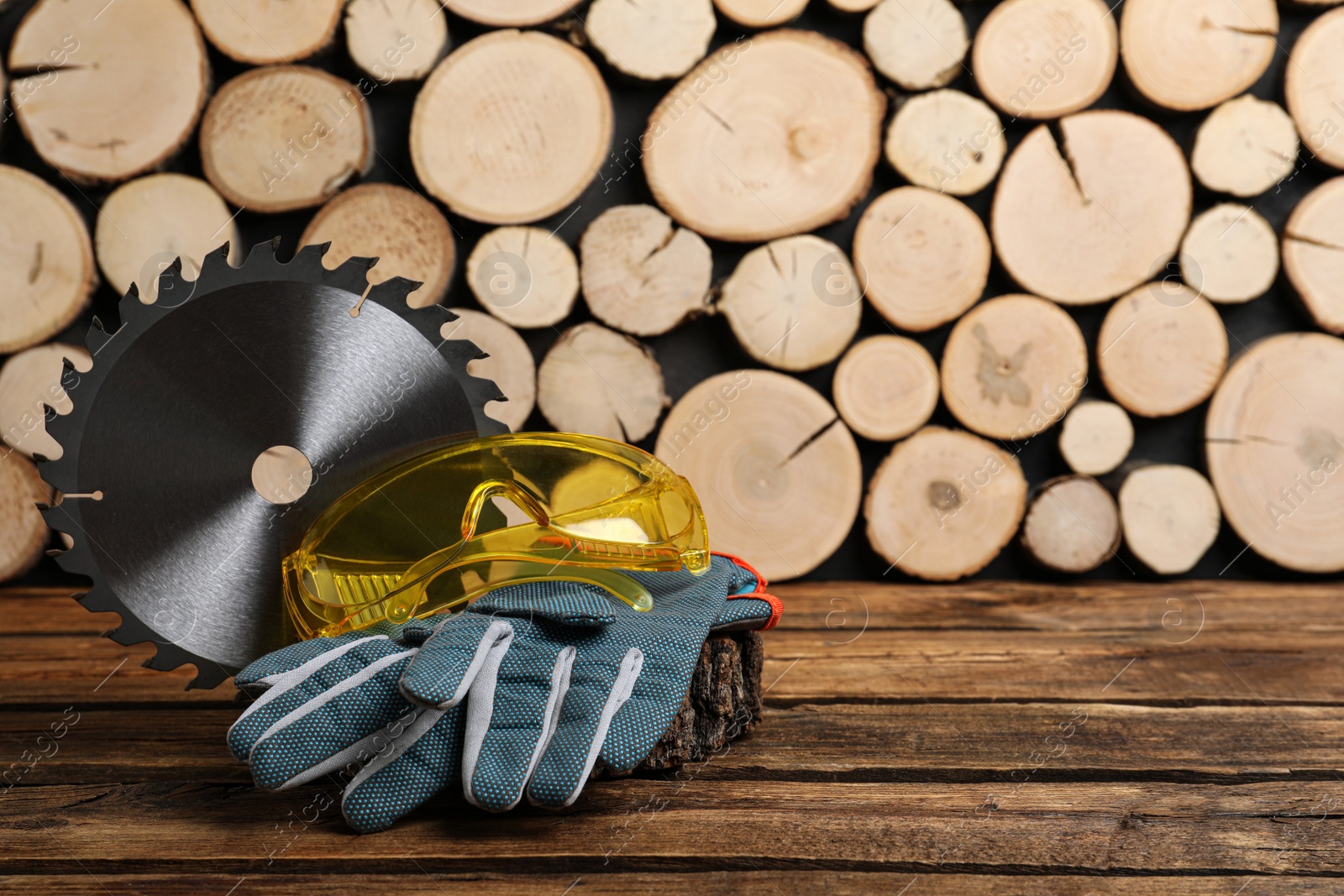 Photo of Set of modern carpenter's tools on wooden table. Space for text