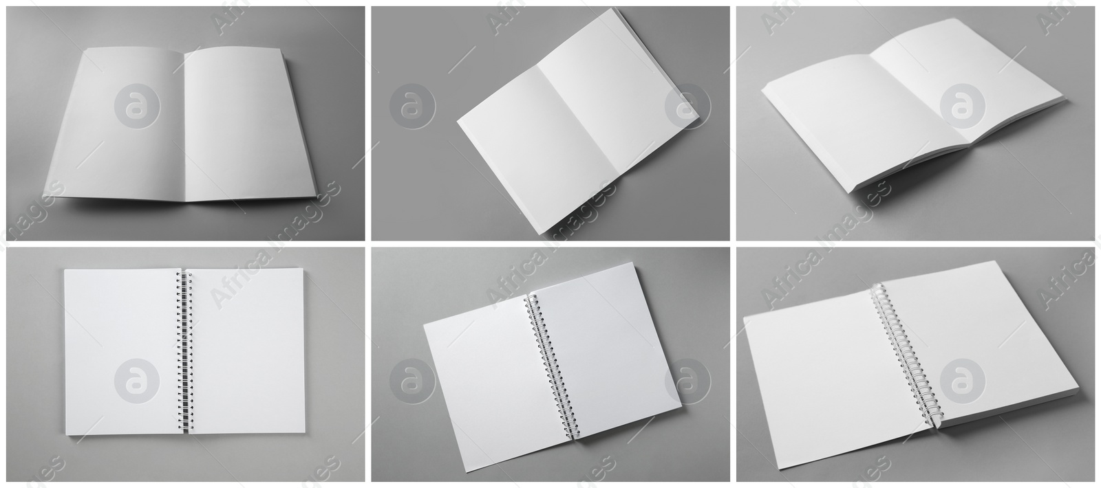 Image of Open blank brochures on grey background, collage. Banner design