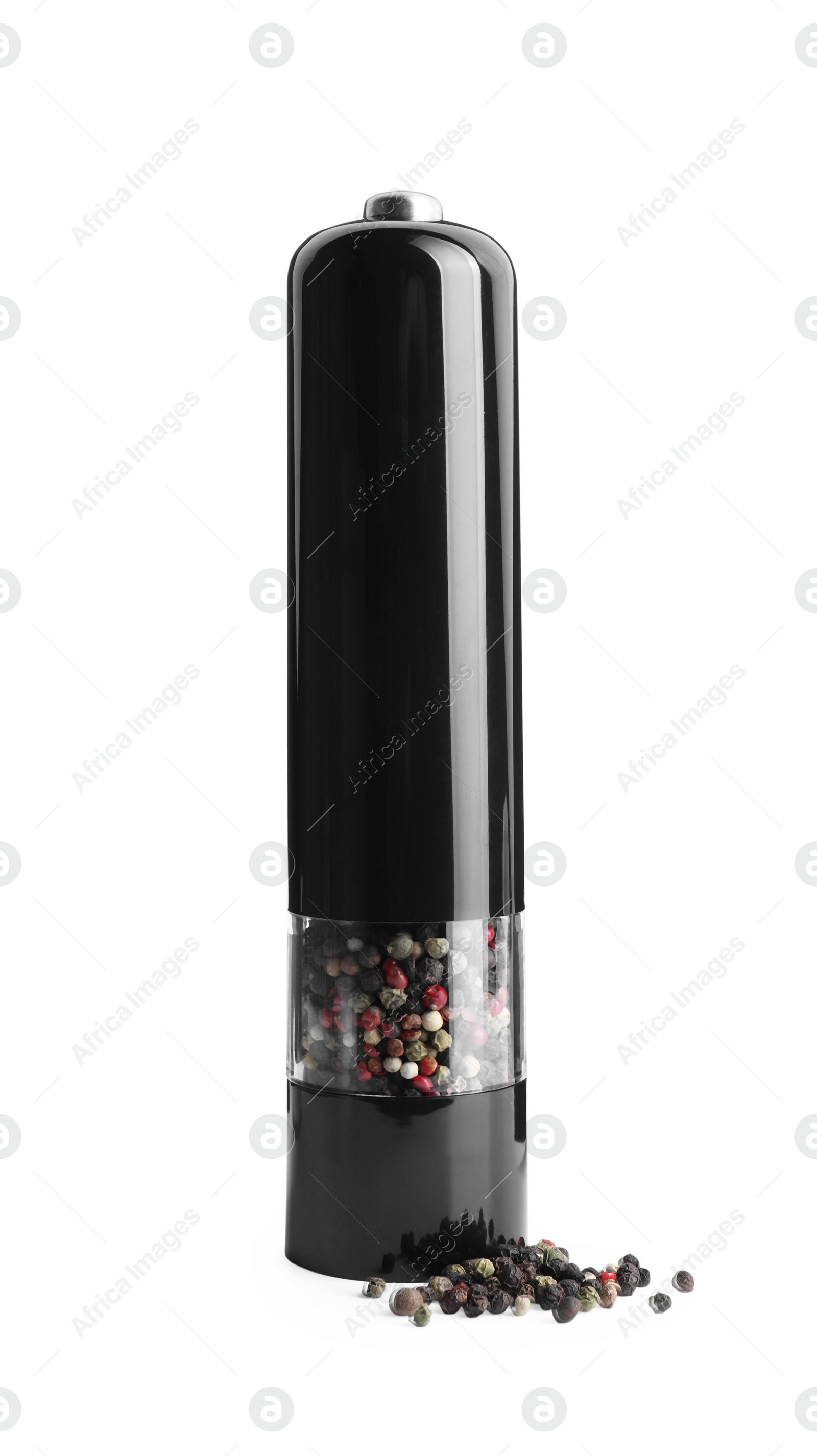 Photo of Stylish shaker with pepper isolated on white