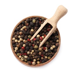 Photo of Aromatic spices. Different peppers and scoop in wooden bowl isolated on white, top view