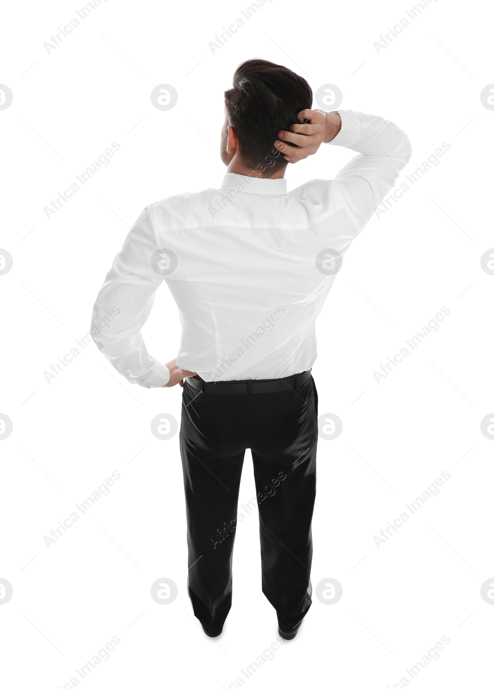 Photo of Businessman in formal clothes on white background, back view