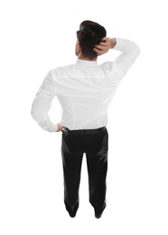 Photo of Businessman in formal clothes on white background, back view