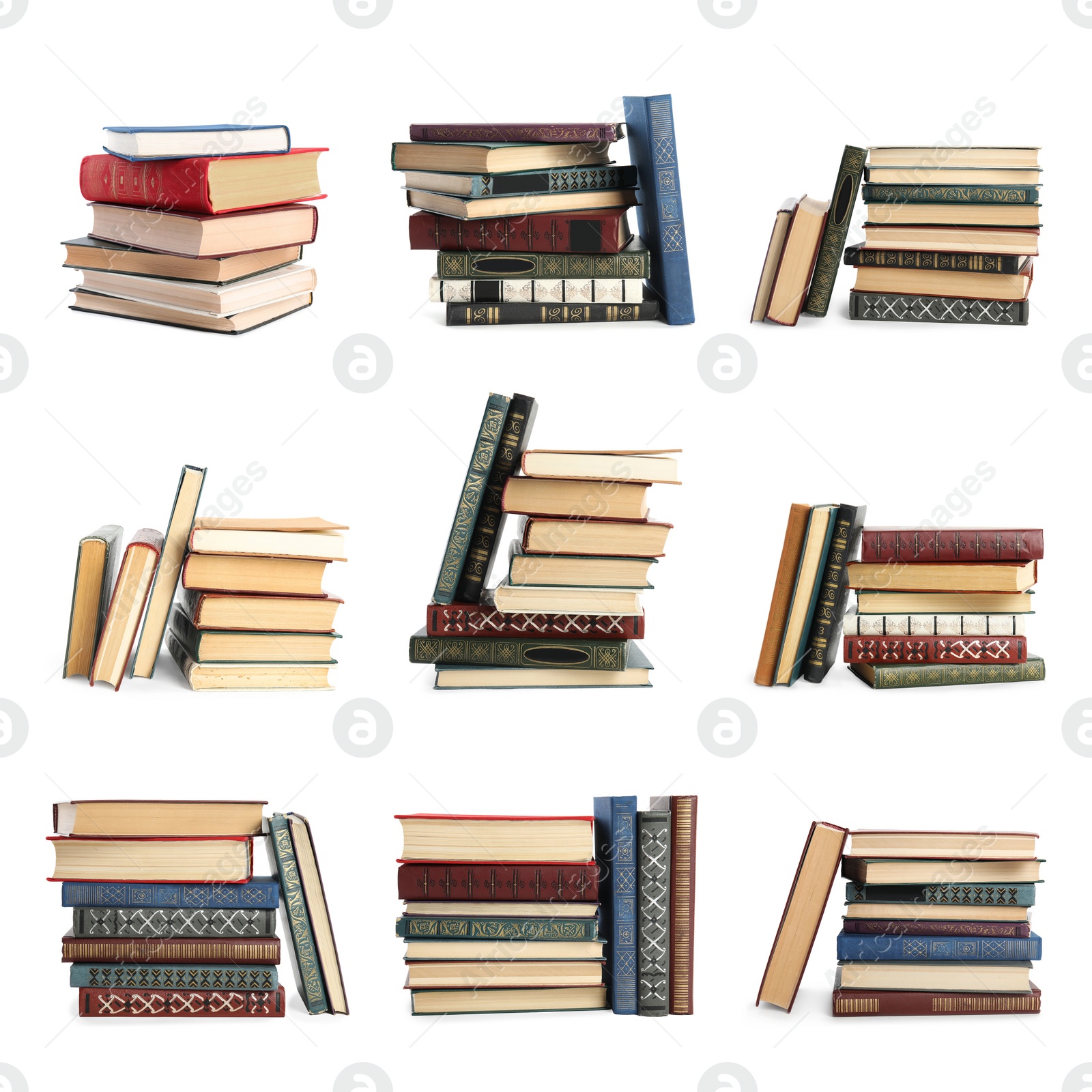 Image of Collection of different retro books on white background