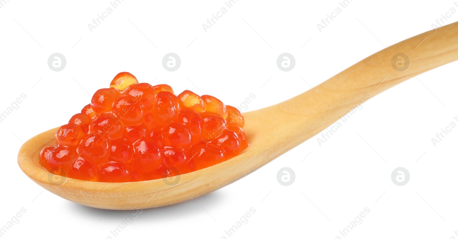 Photo of Wooden spoon with delicious red caviar isolated on white