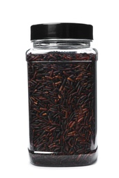 Photo of Black rice in jar, isolated on white. Mock up for design