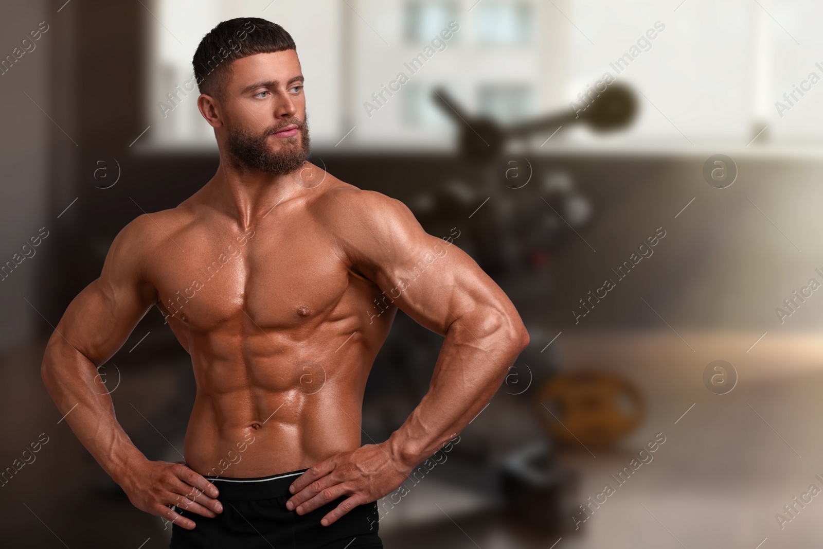 Image of Handsome bodybuilder with muscular body in gym, space for text