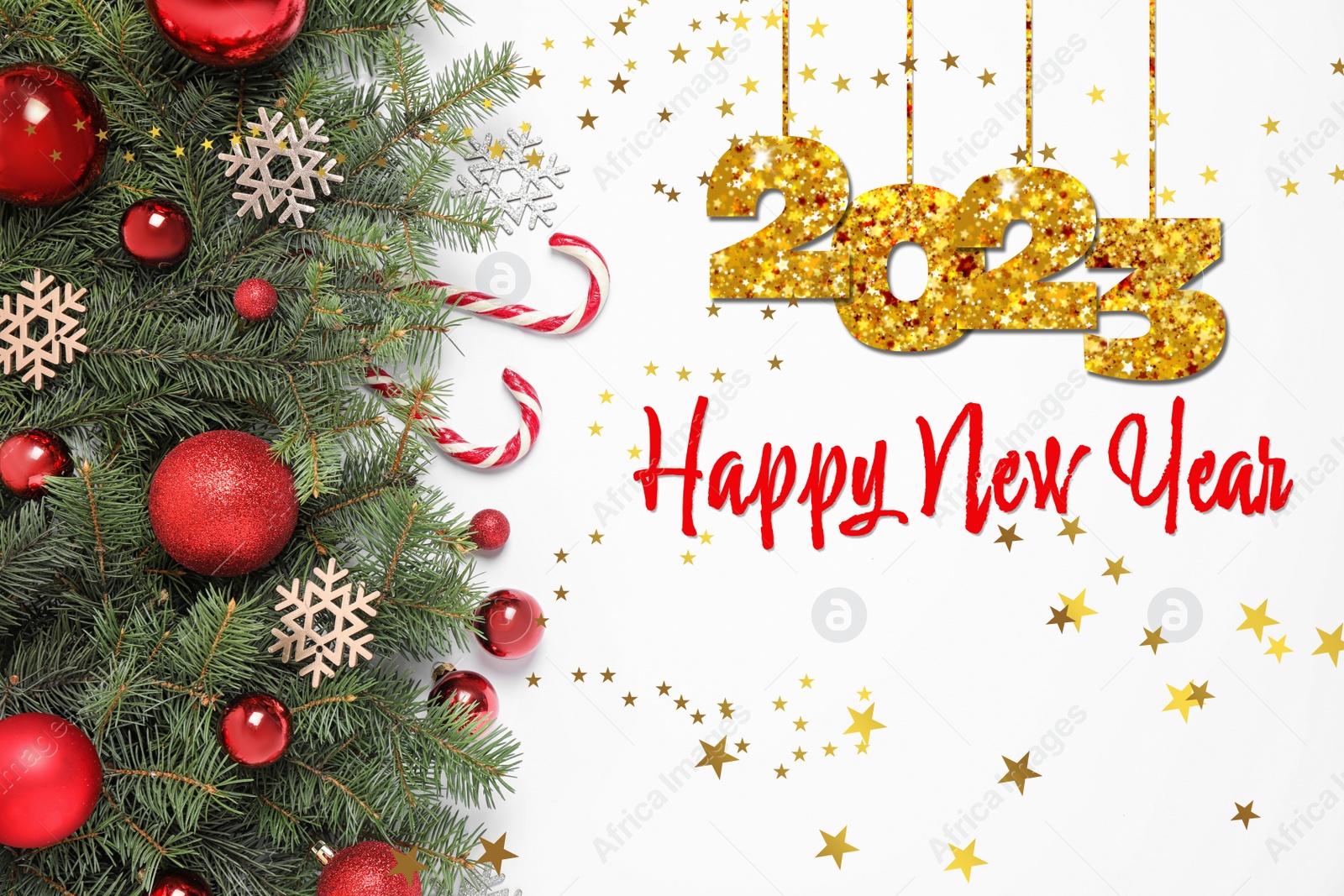 Image of Happy New 2023 Year! Conifer branches with baubles on white background, top view