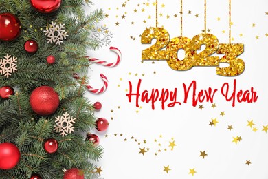 Image of Happy New 2023 Year! Conifer branches with baubles on white background, top view