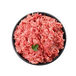 Photo of Raw ground meat and parsley in bowl isolated on white, top view