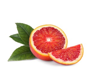 Delicious ripe red oranges on white background