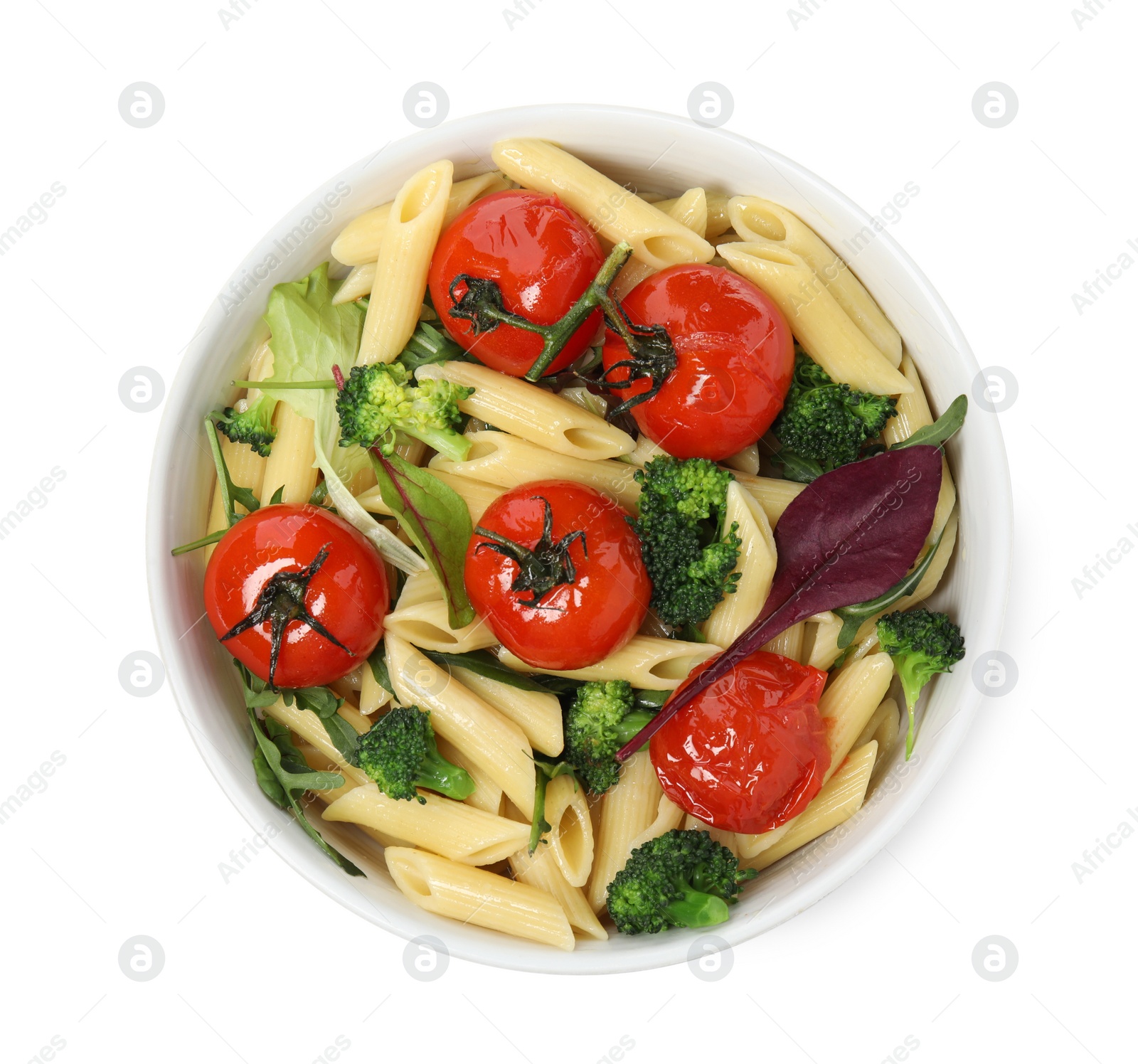 Photo of Bowl of delicious pasta with tomatoes, arugula and broccoli on white background, top view