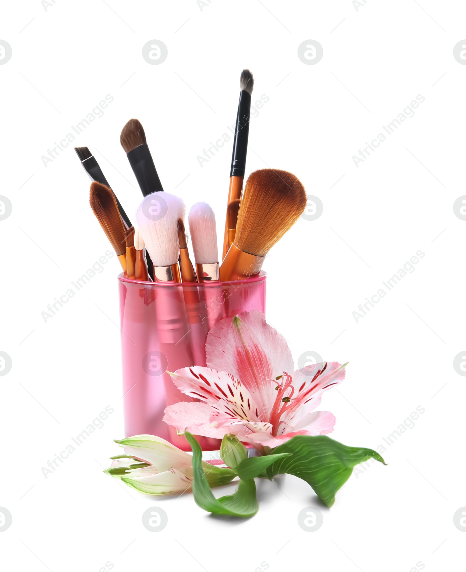 Photo of Holder with makeup brushes of professional artist on white background