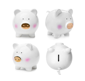 Image of Set with ceramic piggy bank on white background