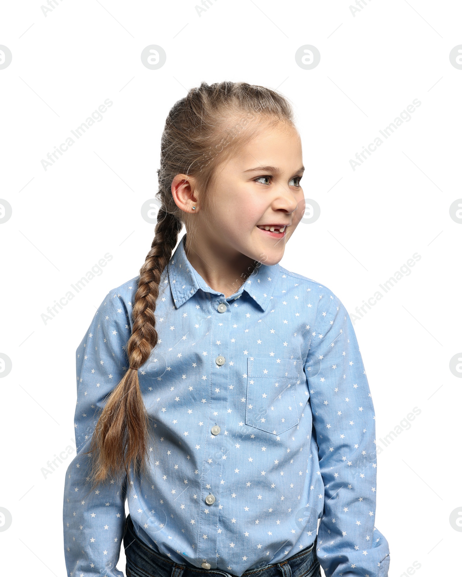 Photo of Cute little girl with braided hair on white background
