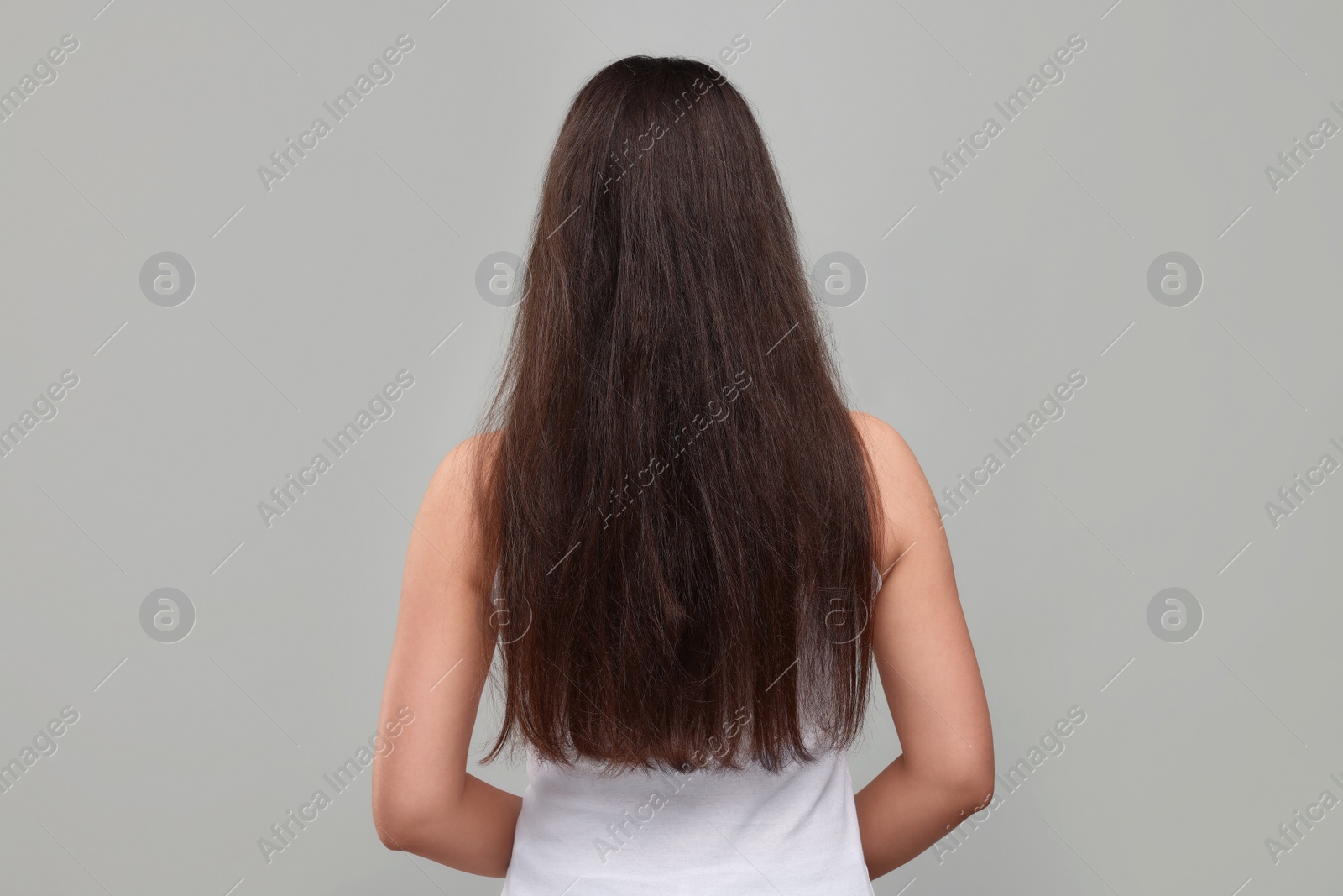 Photo of Woman with damaged hair before treatment on light grey background, back view