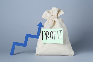 Photo of Economic profit. Money bag and arrow on light grey background