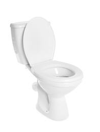 Photo of New ceramic toilet bowl on white background