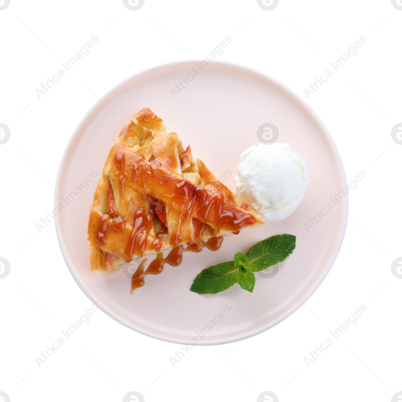 Photo of Slice of traditional apple pie with ice cream and mint isolated on white, top view