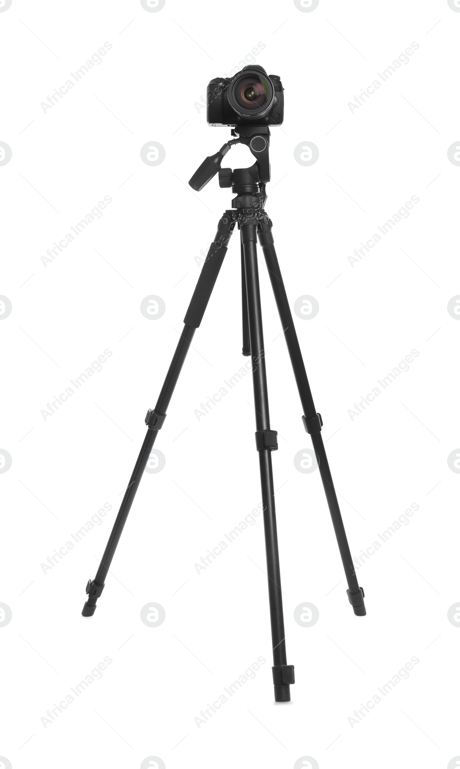 Photo of Modern tripod with professional camera isolated on white