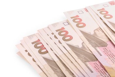 Photo of 100 Ukrainian Hryvnia banknotes on white background, closeup