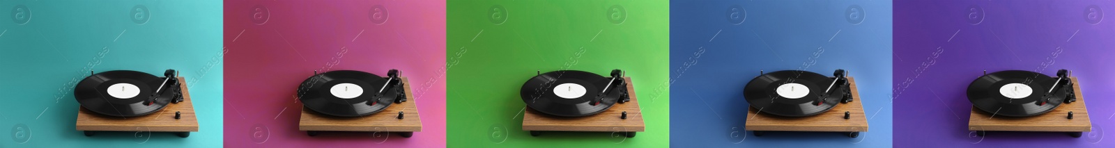 Image of Collage of turntables with vinyl records on different color backgrounds. Banner design