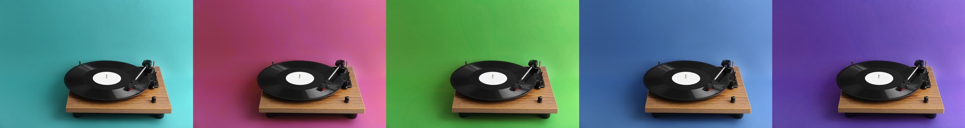 Image of Collage of turntables with vinyl records on different color backgrounds. Banner design