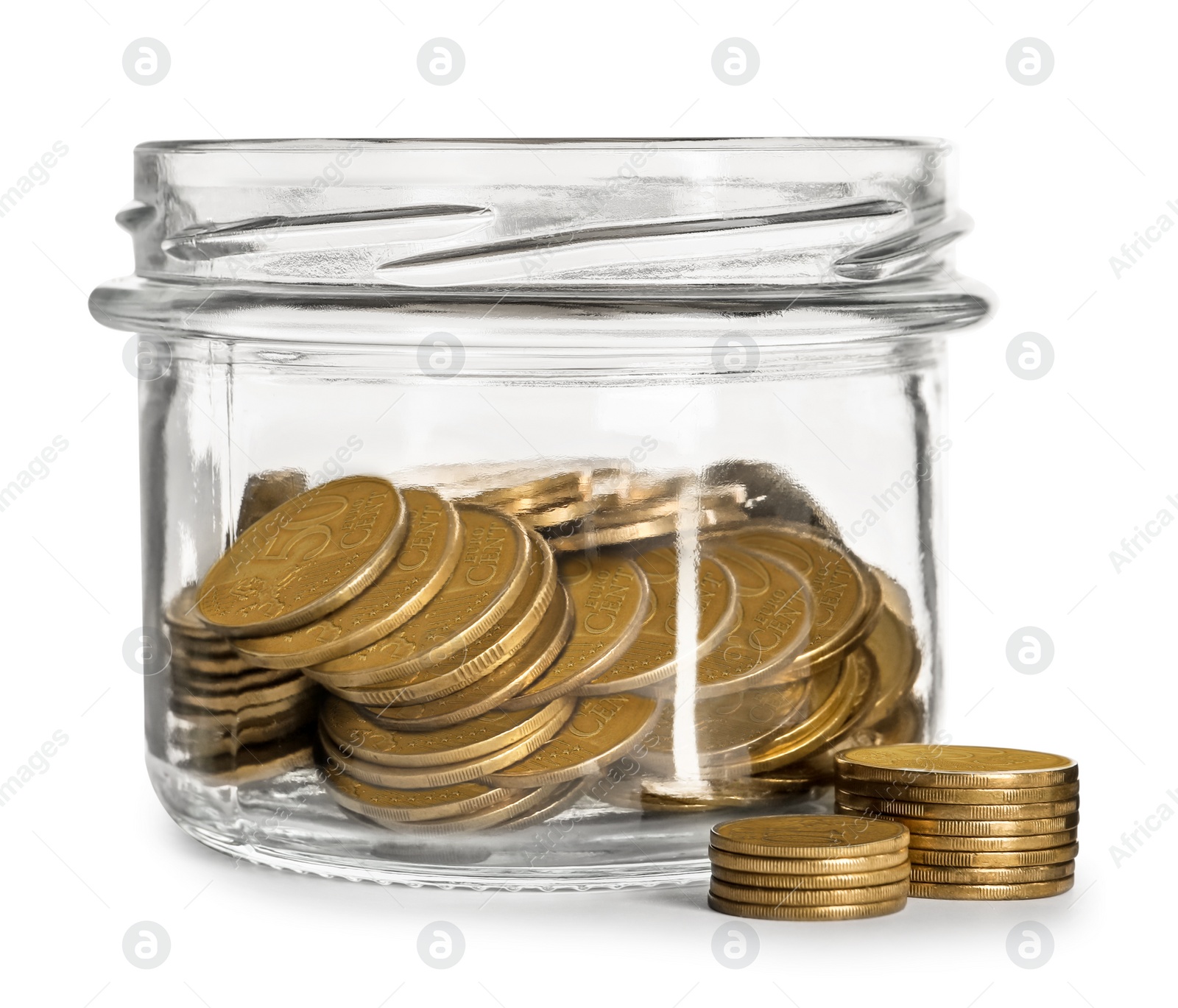 Photo of Glass jar and coins isolated on white