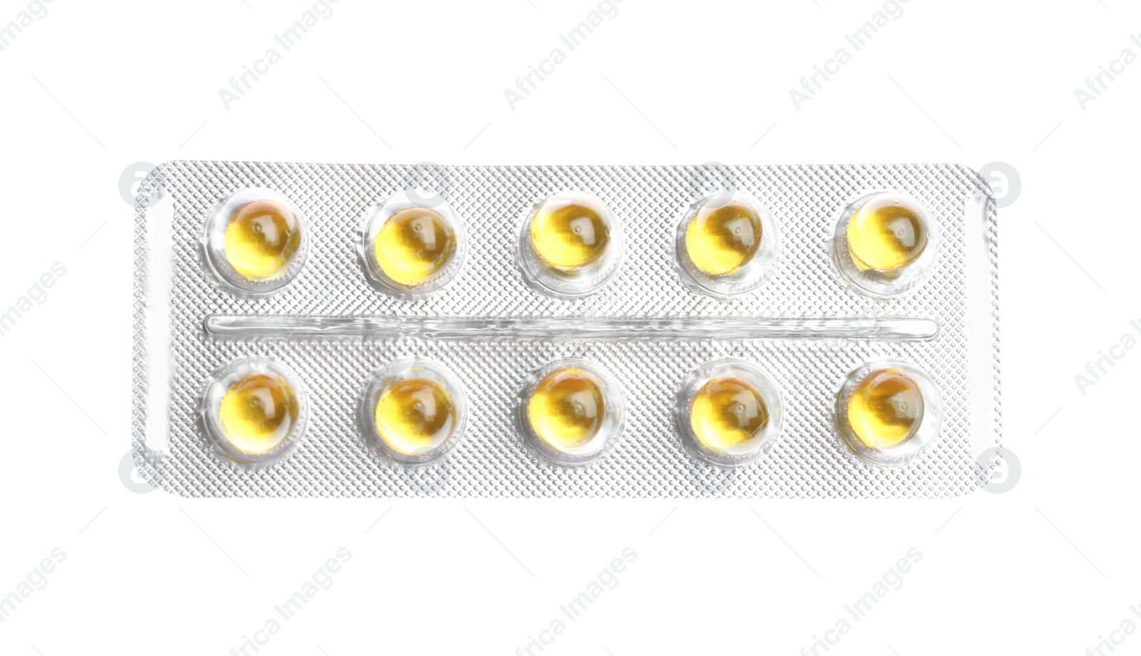 Photo of Pills in blister pack on white background, top view