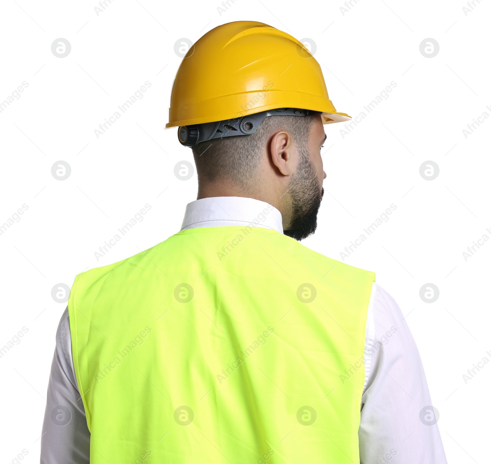 Photo of Engineer in hard hat on white background