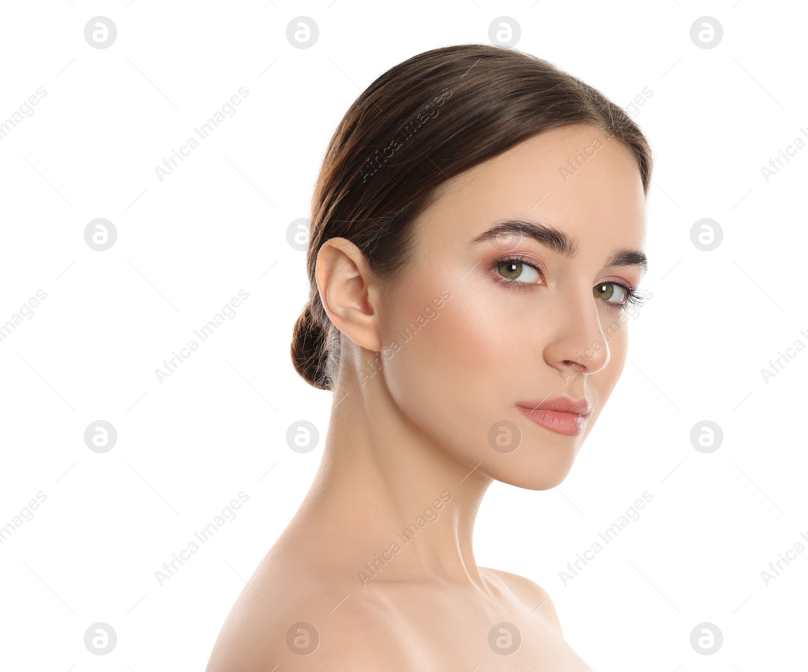 Photo of Portrait of young woman with beautiful face on white background