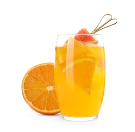 Photo of Delicious orange soda water and fresh fruit on white background